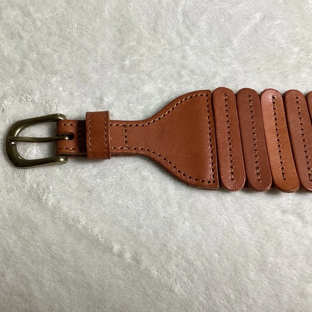 Anthropologie Cognac Brown Leather Wide Segmented Waist Cinch Belt XS Brass Buck - Picture 5 of 8